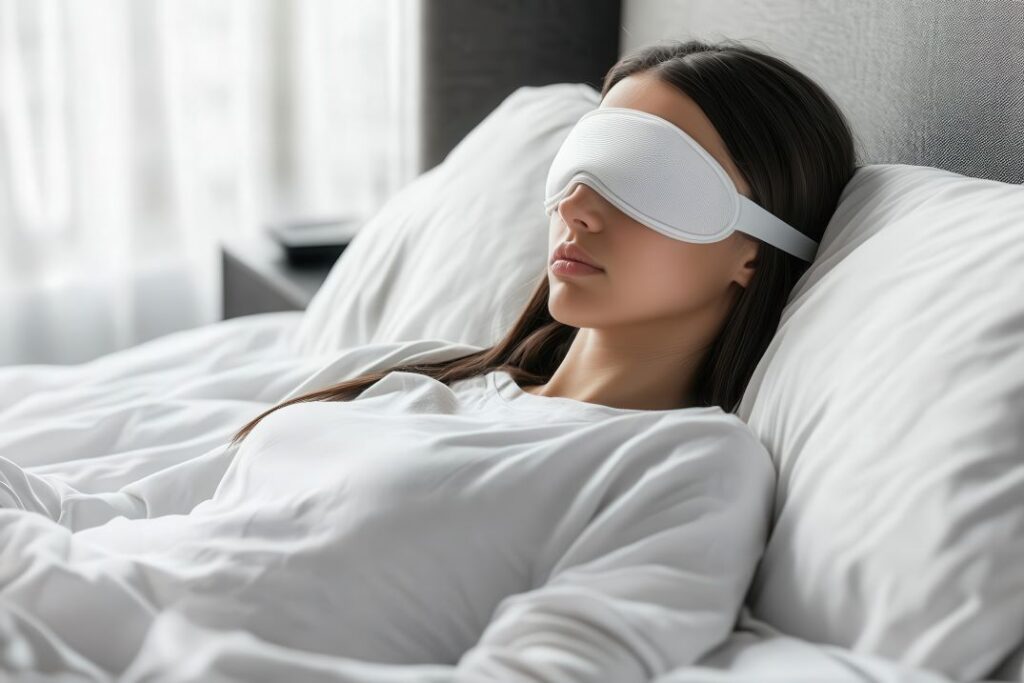 A woman wearing an eye mask recovering in bed from wisdom tooth extraction